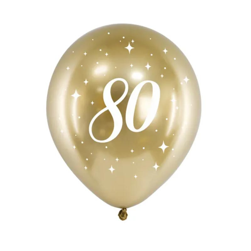 6 Ballons en latex 80 ans noirs et dorés 30 cm - Vegaooparty