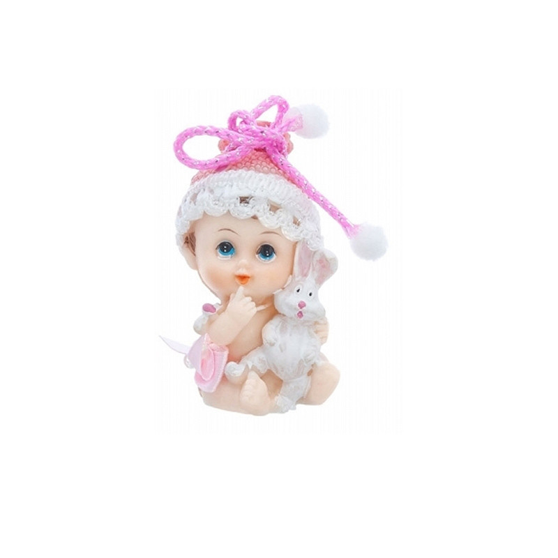 sujet figurine bébé fille avec petit lapin rose et blanc