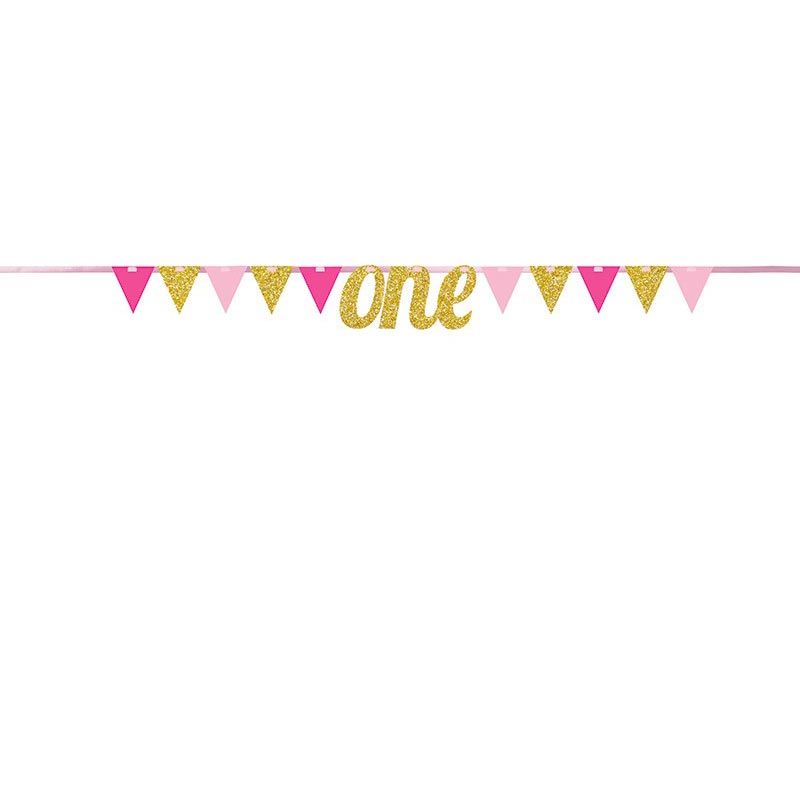 Banderole One A Fanions Glitter Dore Rose Premier Anniversaire