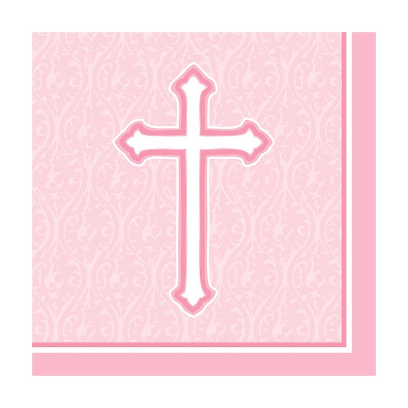 Serviettes En Papier Pour Bapteme Et Communion Croix Rose Fille Clair