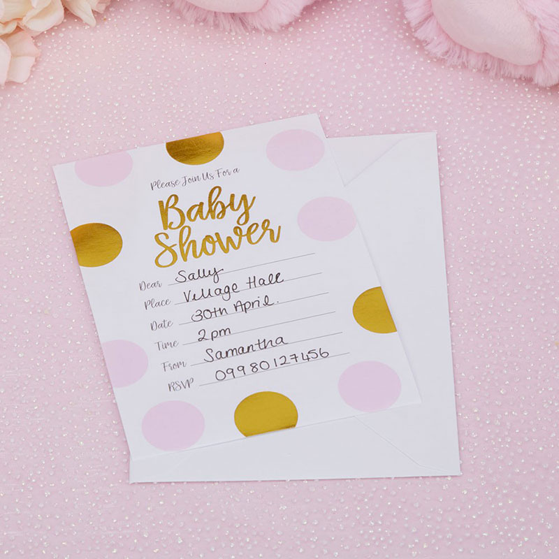 Invitations Baby Shower Princesse Rose Et Dore A Pois Et Enveloppes