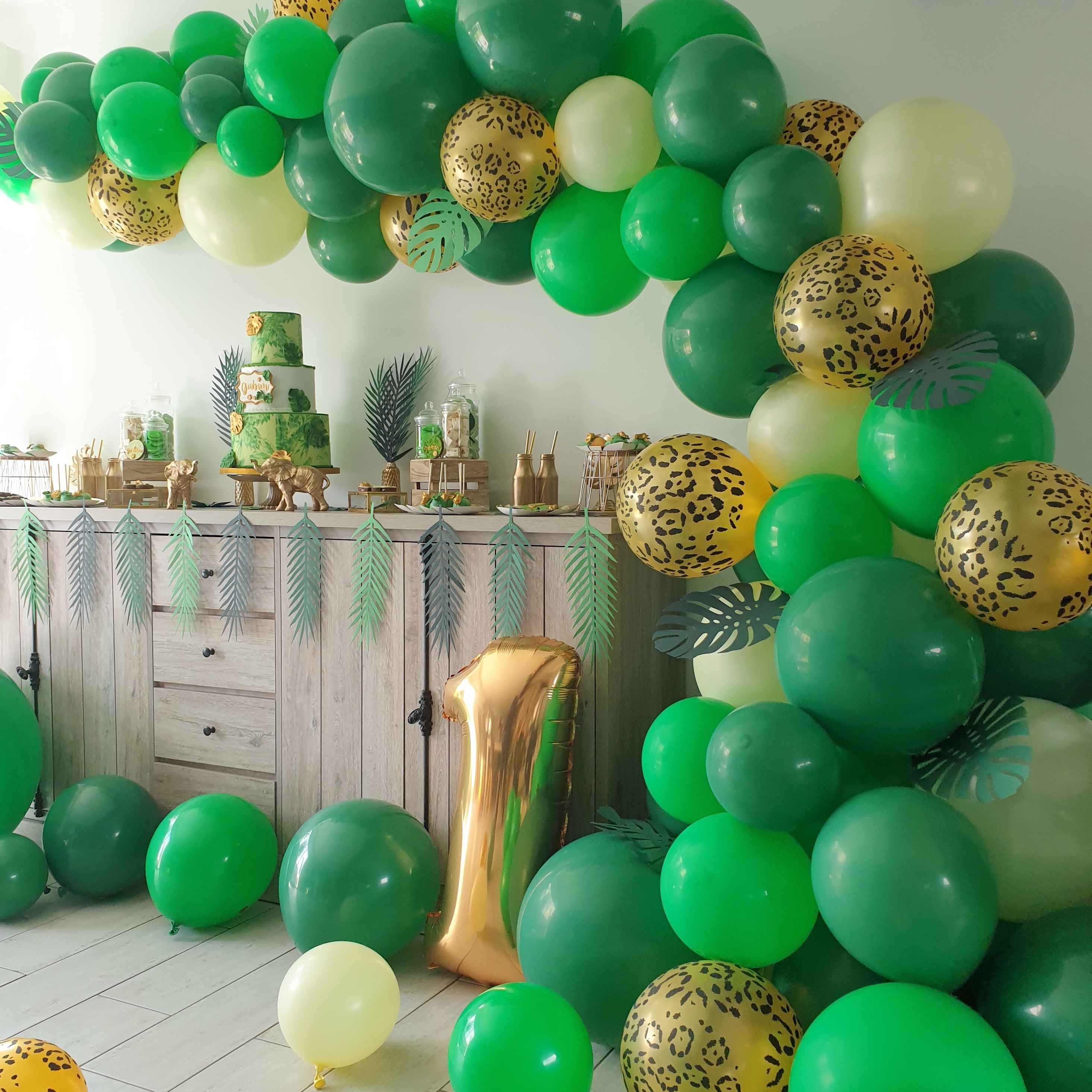 Décoration pour 1er anniversaire garçon fille, safari 1 an, garçon, fille,  ballon de 1er anniversaire jungle, ballons verts, blancs et dorés pour  premier anniversaire